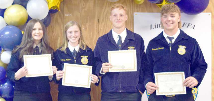 FFA LONESTAR DEGREES, which is the highest degree attainable, recipients are left to right Caytlin Black, Kamryn Meiwes, Samuel Hill, and Brendon Bowman. (Photo byAnn Reagan)