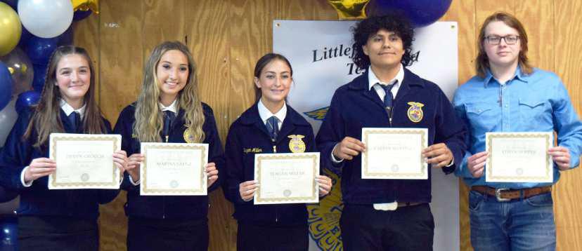 FFA CHAPTER DEGREE recipients at the FFA Banquet on May 2, 2023 are left to right- Devyn Crouch (Star Chapter Degree), Marysa Saenz, Teagan Miller, Caesar Martinez, and Ethyn Hopper. (Photo by Ann Reagan)