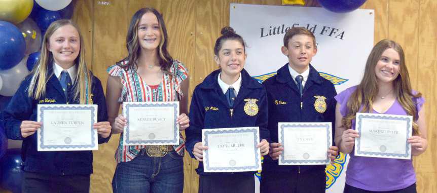 FFA GREENHAND DEGREE recipients at the 2023 FFA Banquet on May 2, 2023 are left to right- Lauren Turpen (Star Greenhand), Kealee Bussey, Tayte Miller, Ty Carr and Makinzi Tyler. (Photo by Ann Reagan)