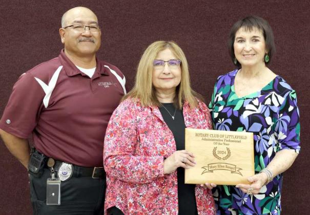 Left to right- Albert Rangel, Mary Ellen Rangel the Administrative Assistant for 2024, with presenter Kay Franklin as Mary Ellen is honored at the Administrative Assistant Luncheon held at the MAC in Littlefield, Texas on Wednesday, April 24, 2024. (Photo by Ann Reagan)